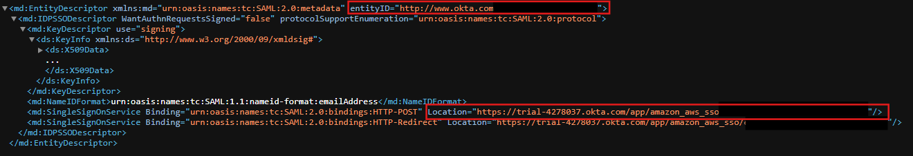 IdP metadata content in Okta