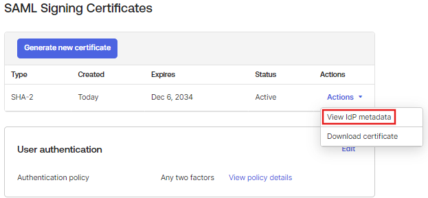 Download certificate and view IdP metadata in Okta